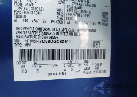 2013 Ford Explorer Xlt from USA, damaged, VIN 1FM5K7D88DGC60101